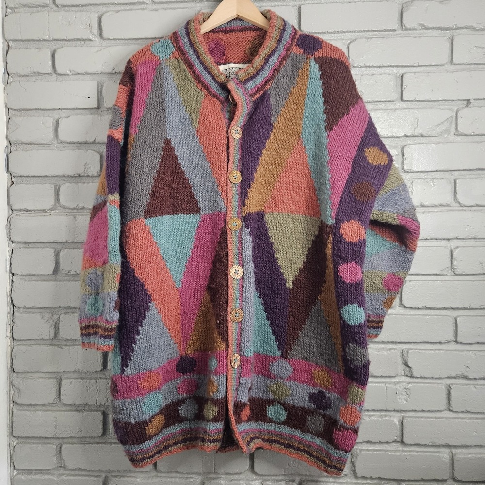 Vtg Tara Handknits Womens Sweater Oversized Wool Cardigan Geometric Art Nepal